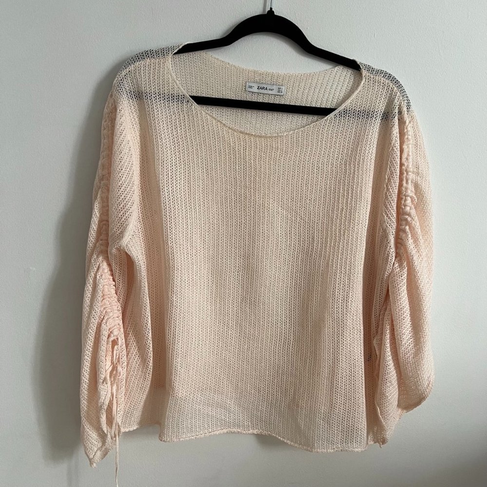 ZARA blush coloured sheer Top with gathered sleeve